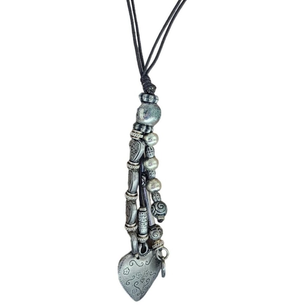Boho Beaded Heart Pendant Cord Necklace Silver Tone Charms Fashion Jewelry Women